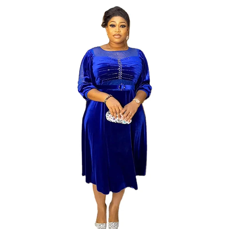 4 Colors L-3XL Plus Size African Ladies Luxury Velvet Wedding Guest Evening Prom Party Dresses New Dubai Evening Gown Dashiki Ankara Turkey Velvet Outfits Formal Gown African Women Luxury Apparel Supplies
