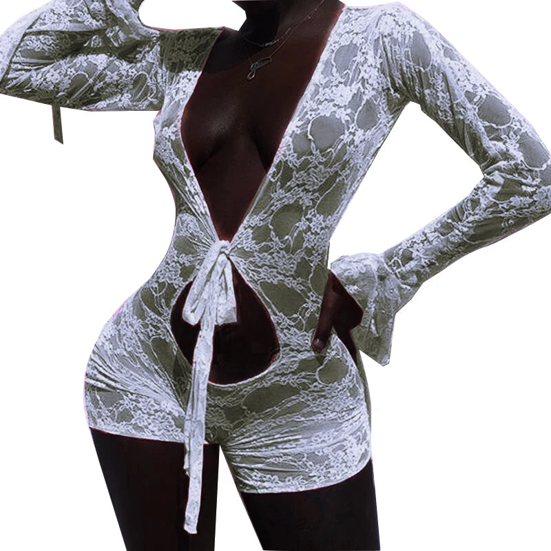 White/Black/Pink  Hot Sexy Women Mesh Sheer Hollow Out Rompers Onesies Shorts Pink Deep V-Neck Flare Sleeve Floral Bodycon Playsuit Jumpsuit