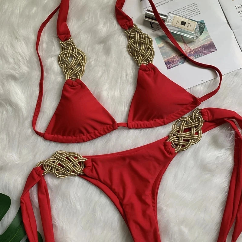 NEW Arrivals 2PCS Set  5 Colors Sexy Patchwork Halter Knitted Bikini Women Swimwear Female Swimsuit Bikini Set Brazilian Bather Bathing Suit Ladies Swimming Pool Luxury Beach Wear