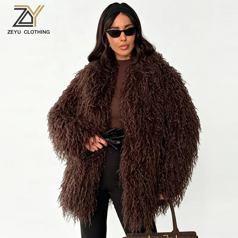 Burgundy/Brown/Khaki Color  Women's Dark Brown Mongolian Lamb Artificial Fur Coat Oversized Shaggy Curly Single Breasted Mid Length Plain Dyed Eco-Friendly Ladies Winter Apparel Supplies