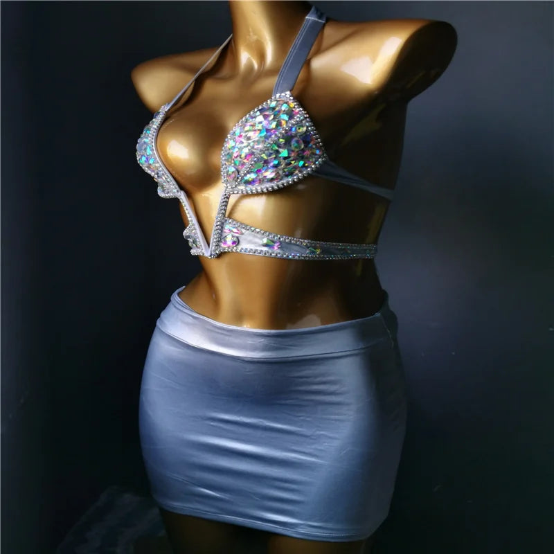 Sexy Diamond Big V Bikini Set Bling Stones Rhinestone Bathing Suit High Quality Swimsuit