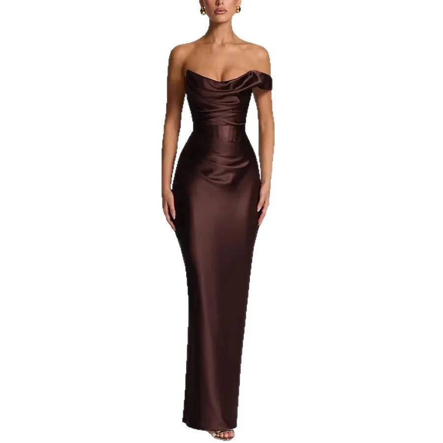 Women's Sexy Top Quality Spring Autumn  Summer New Luxury Banquet Evening Party Dress Strapless Fishbone Pleated Hip Hugging Women's Maxi Long Sexy Gown