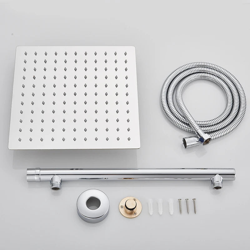 Bright Chrome 8" Ultrathin Shower Head Brass 15" Shower Arm 59" Stainless Steel Hose Wall Mounted Rainfall Square Shower head
