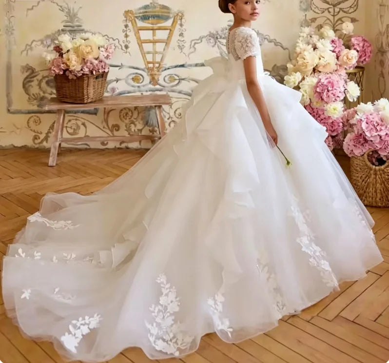 2/13 Years Old Girls Bridesmaid  Lace Flower Luxury Dress Long Train Tulle Princess Gown Evening Wedding Party Prom Birthday Ball Gown Pageant Short Sleeve Gown