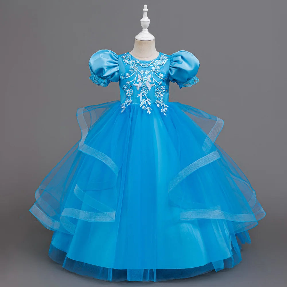 Blue/White/Pink/Red Color Bridesmaid  Girl Flower Dress Princess Evening Birthday Party Ball Gown Puff Sleeve Lace Applique Wedding Prom Party Embroidered Girl Gown Layered Tutu Dress for Girls,