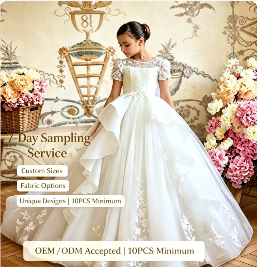 2/13 Years Old Girls Bridesmaid  Lace Flower Luxury Dress Long Train Tulle Princess Gown Evening Wedding Party Prom Birthday Ball Gown Pageant Short Sleeve Gown