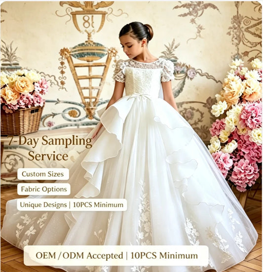 2/13 Years Old Girls Bridesmaid  Lace Flower Luxury Dress Long Train Tulle Princess Gown Evening Wedding Party Prom Birthday Ball Gown Pageant Short Sleeve Gown