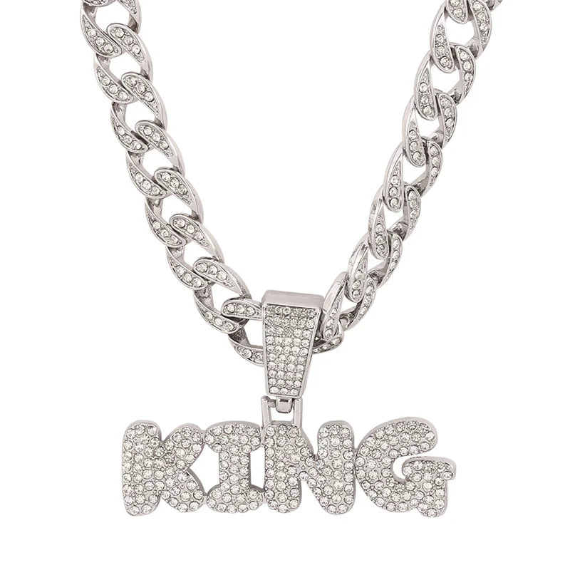 Rapper's Hip Hop KING Letters Pendant Necklace with Miami Cuban Chain Iced Out Bling Hip Hop Rave Rapper's Night Club Party Gangs Necklaces Male Charm Jewelry Gifts Accessories