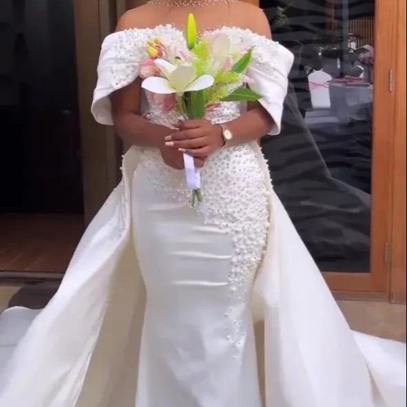 NEW Arrivals Pure White African  Bohemian Style With Removable Trailer Bride and Lace Pearls Appliqued Decoration Mermaid Wedding Dress Evening Wedding Prom Party Mermaid Formal Bridal Gowns