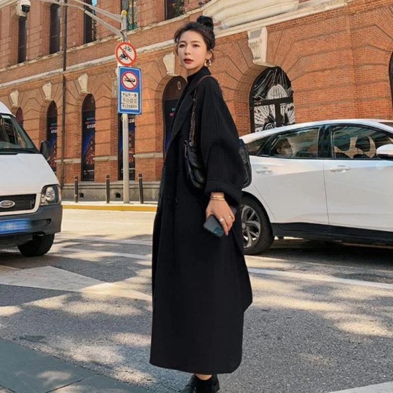 New Arrivals S-4XL Plus Size Black/Red Color Women's Autumn Winter Solid Color New Style Waist Collection Loose  Lapel Collar Double Long Trench Coat Winter Snow Boots Outerwear Maxi Jackets Ladies Winter Apparel Supplies