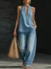 2 PCS Set S-3XL 5 Colors Boutique Sale Autumn Spring New Fashion V-Neck Retro Denim Vest Wide Leg Jeans Pants Women's Casual Apparel Supplies