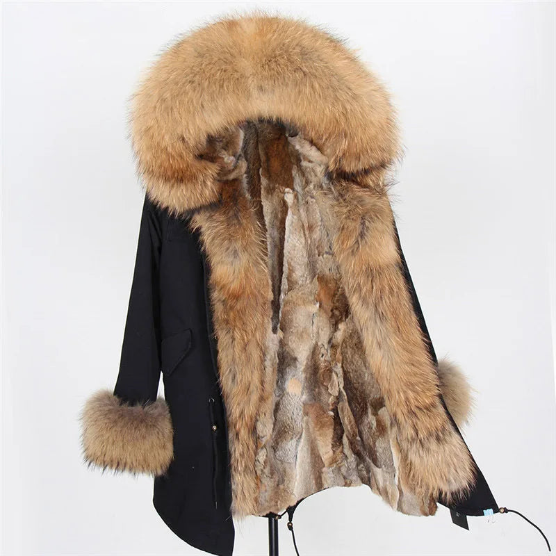 12 Colors S-2XL 100% Real Rex Rabbit Fur Mid Jacket & Big Raccoon Fur Collar Coat Natural Rabbit Fur Lined Long Parka Coat Snow Boots Outerwear Windproof Jackets Ladies Winter Clothing Supplies