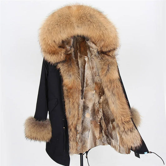 12 Colors S-2XL 100% Real Rex Rabbit Fur Mid Jacket & Big Raccoon Fur Collar Coat Natural Rabbit Fur Lined Long Parka Coat Snow Boots Outerwear Windproof Jackets Ladies Winter Clothing Supplies