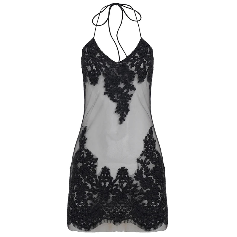 Super Sexy Sheer Mesh and Lace Trim, V-Neck, Spaghetti Strap, Backless, Fitted Mini Dress Night Clubwear Evening Party Dress