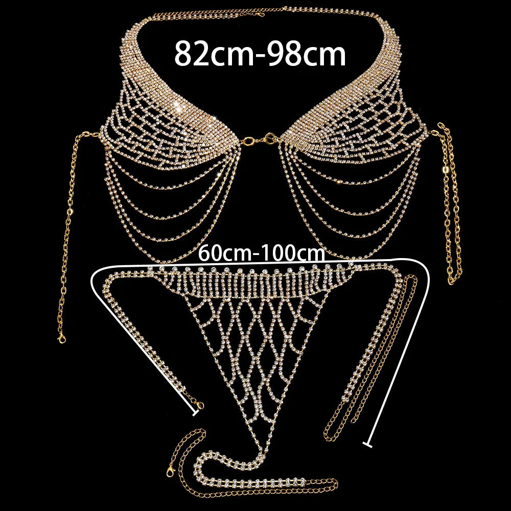 Tassel Underwear Rhinestone Bra Chain Harness for Women Sexy Fashion Crystal Bikini Bra and Thong Sets Body Jewelry