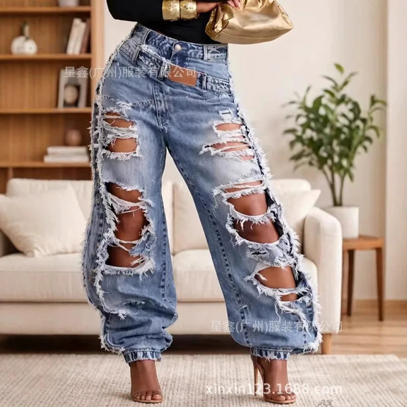 NEW Arrivals S-3XL Deconstructed Destroyed Ripped Cotton Denim Baggy Jeans Women Streetwear Y2K Slimming Elastic Cuff Jogger Trousers Women Casual Clothing Supplies