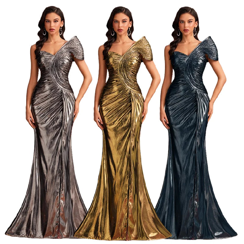 Mother of  Bride Luxury Gowns S-2XL for Women Evening Wedding Guest Party Dresses Elegant Floor-Length One-Shoulder Slit Pleated Mermaid Formal Party Dresses Ladies Luxury Apparel Supplies