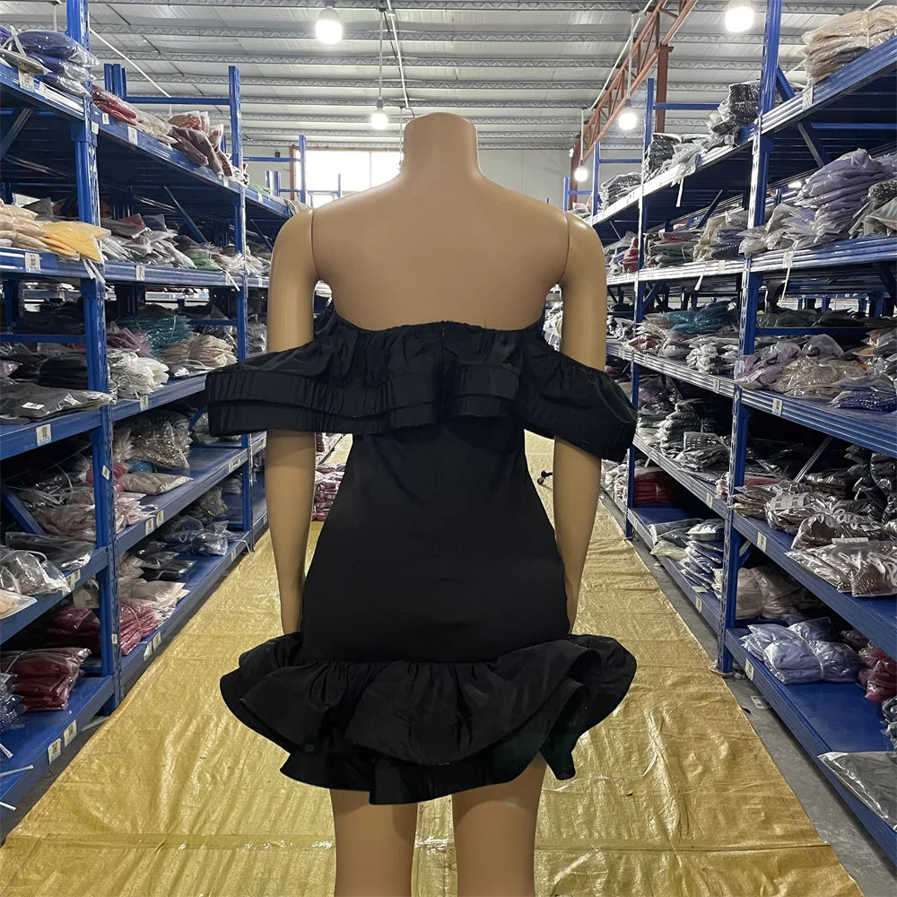 S-2XL Black/Red Color Autumn Spring Chic Mini Prom Dress Elegant Lady Off Shoulder Ball Gown Ruffle Edge for Evening Party Night Clubwear Mini Dress