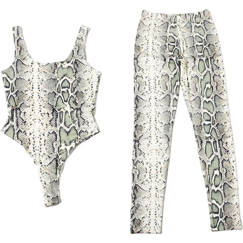 2 PCS Set Spring Summer Sexy Women's Snakeskin Backless Bodysuit and High Waist Ankle-Length Pants + Tops  Animal Print Loose Fit Night Clubwear Evening Beach Party Women Sexy Apparel Supplies