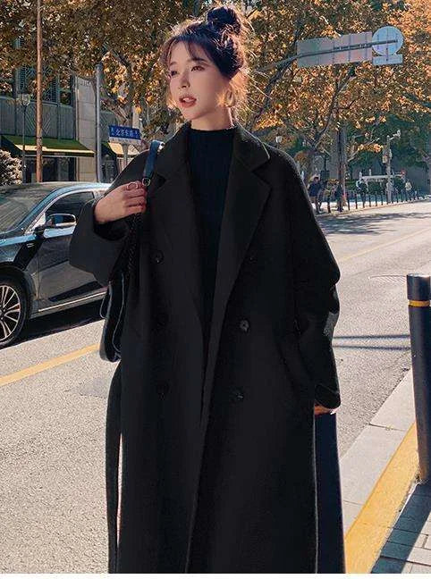 New Arrivals S-4XL Plus Size Black/Red Color Women's Autumn Winter Solid Color New Style Waist Collection Loose  Lapel Collar Double Long Trench Coat Winter Snow Boots Outerwear Maxi Jackets Ladies Winter Apparel Supplies