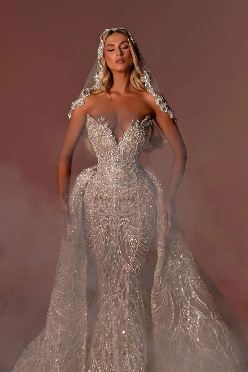 Boutique HOT SALE Top Luxury Mermaid Champagne Wedding Dresses for Women Sweetheart Neck Sleeveless Bridal Gown Sweep Train Crystal Sequins Skirt Ladies Luxury Clothing Supplies