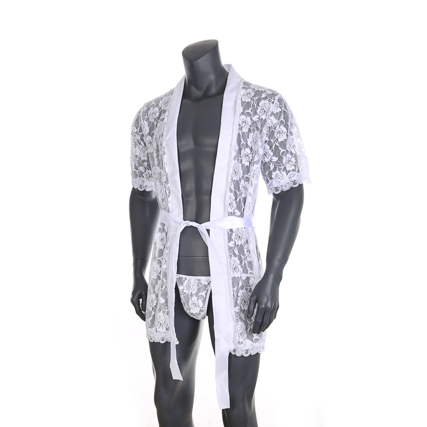 Gay Men Kimono Lace Bathrobe Nightwear Long Robe Sexy Sleepwear Nightgown Loose Bath Gown Erotic Costume with T-back