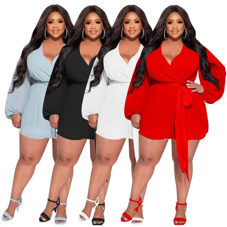 HEY BIG GIRLS... XL-5XL Plus Size Autumn Spring Curvy Women Breathable Casual Loose Fit Solid Color Chiffon Sexy Short Above Knee Romper with Belt Women Extra Large Clothing Supplies