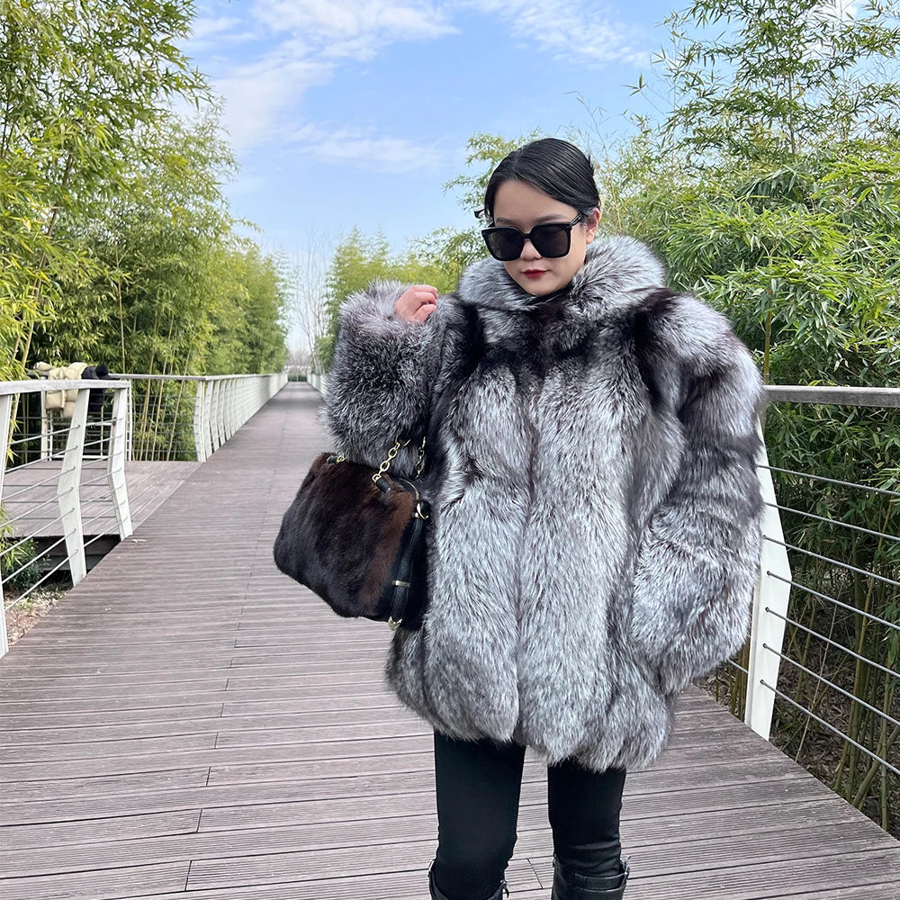 BEST PRICE S-2XL Ladies Luxury Top Quality Women's Winter Warm Real Silver Fox Mink Fur Jacket Long Coat Bigger Hood Cotton Filling Poncho Outerwear Jackets Wedding Guest Celebrities Evening Party Ladies Luxury Apparel Suppli