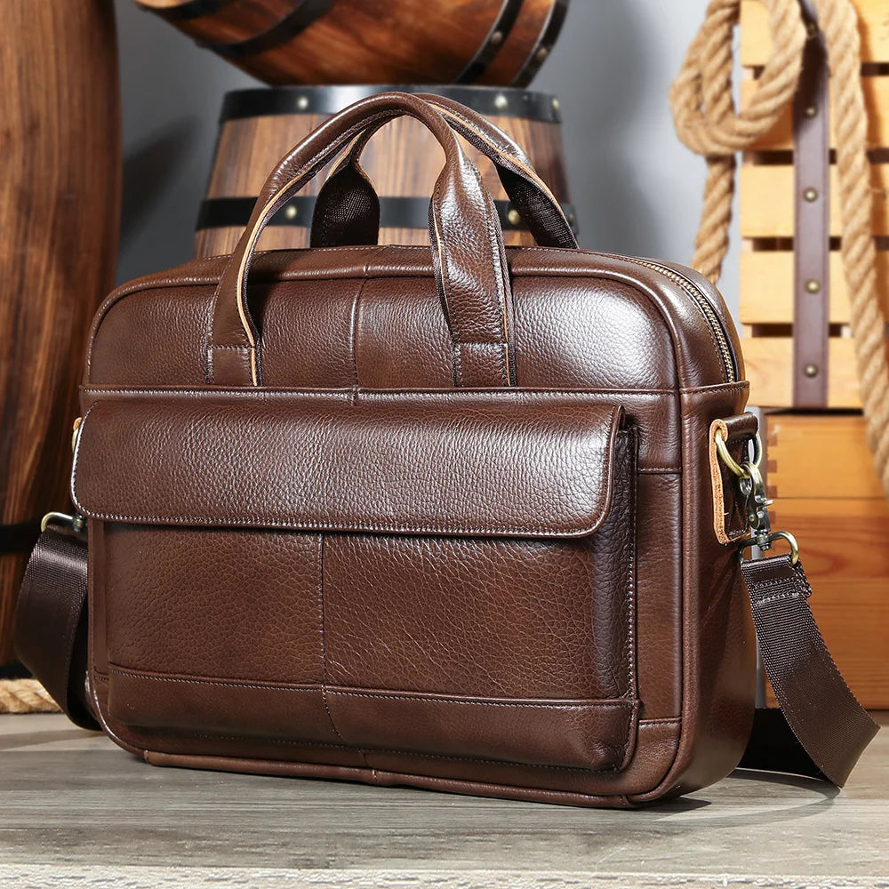 Real Leather Top Quality Vintage Waterproof Genuine Leather Business Office Briefcase Men's 14 Inch Laptop Messenger Bag