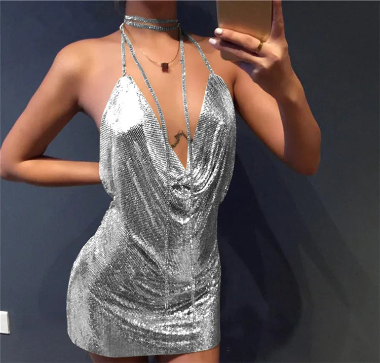 10 Colors Women's Sexy Diamond Halter Metal Party Dresses Gold Silver Summer Evening Beach Party Slit Dress Backless Sequins Night Clubwear Hot Mini Dress Women Clothing Supplies
