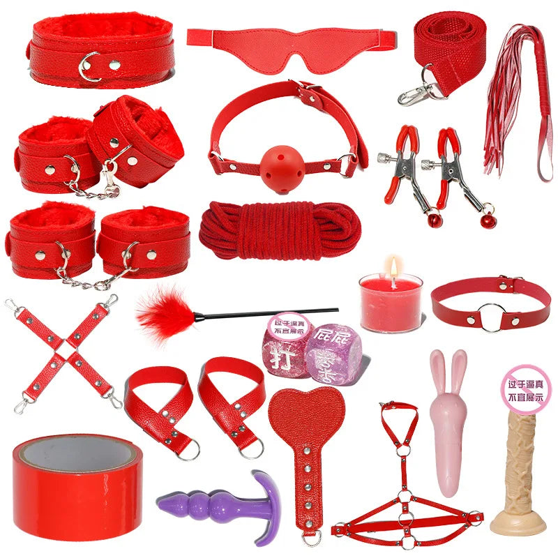 18 PCS Set 4 Colors BDSM  Fetish Sex Party Binding Handcuffs Leather Whip Anal Plug Adult Couples Intercourse Sex Toys Sex Play Tools Set