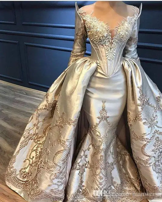 Low-Price Sales are Limited Luxury Red/Black/Champagne Mermaid Overskirts Prom Dresses Long Sleeve Lace Appliqued Beads Evening Wedding Party Dresses With Detachable Train Yousef Aljasmi Party Gown Ladies Luxury Fashion Suppl