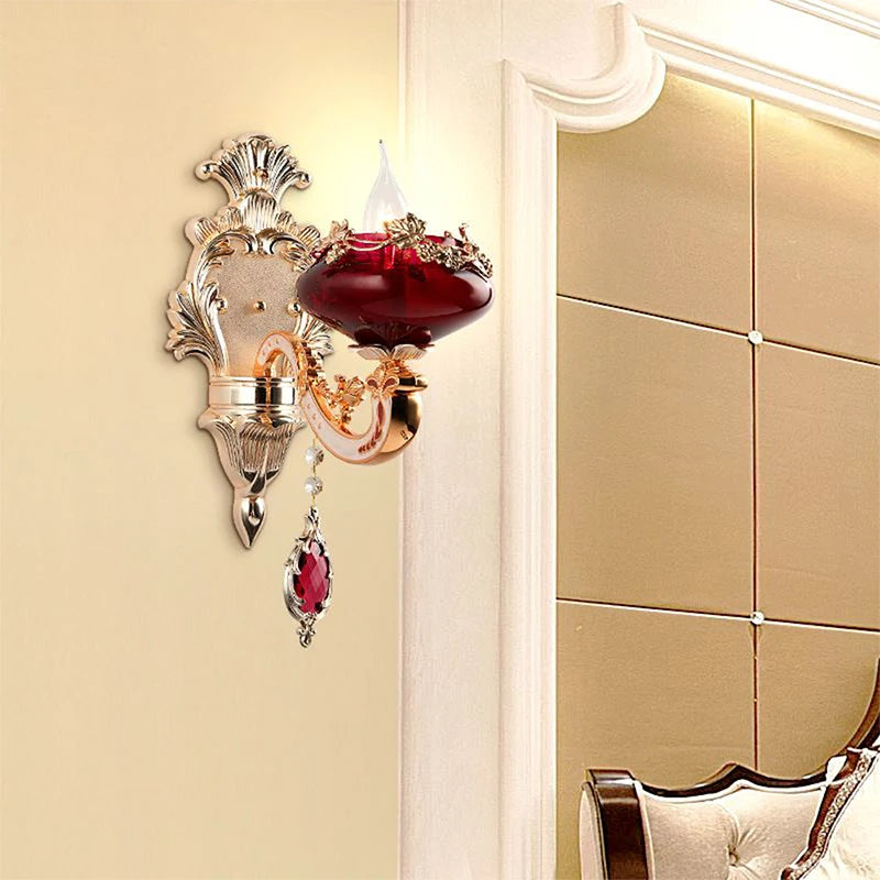 Villa Home Luxury European Red Crystal Wall Lamp Luxury Living Room Bedroom Bedside Lamp Background Wall Corridor Villa Hotel Lighting