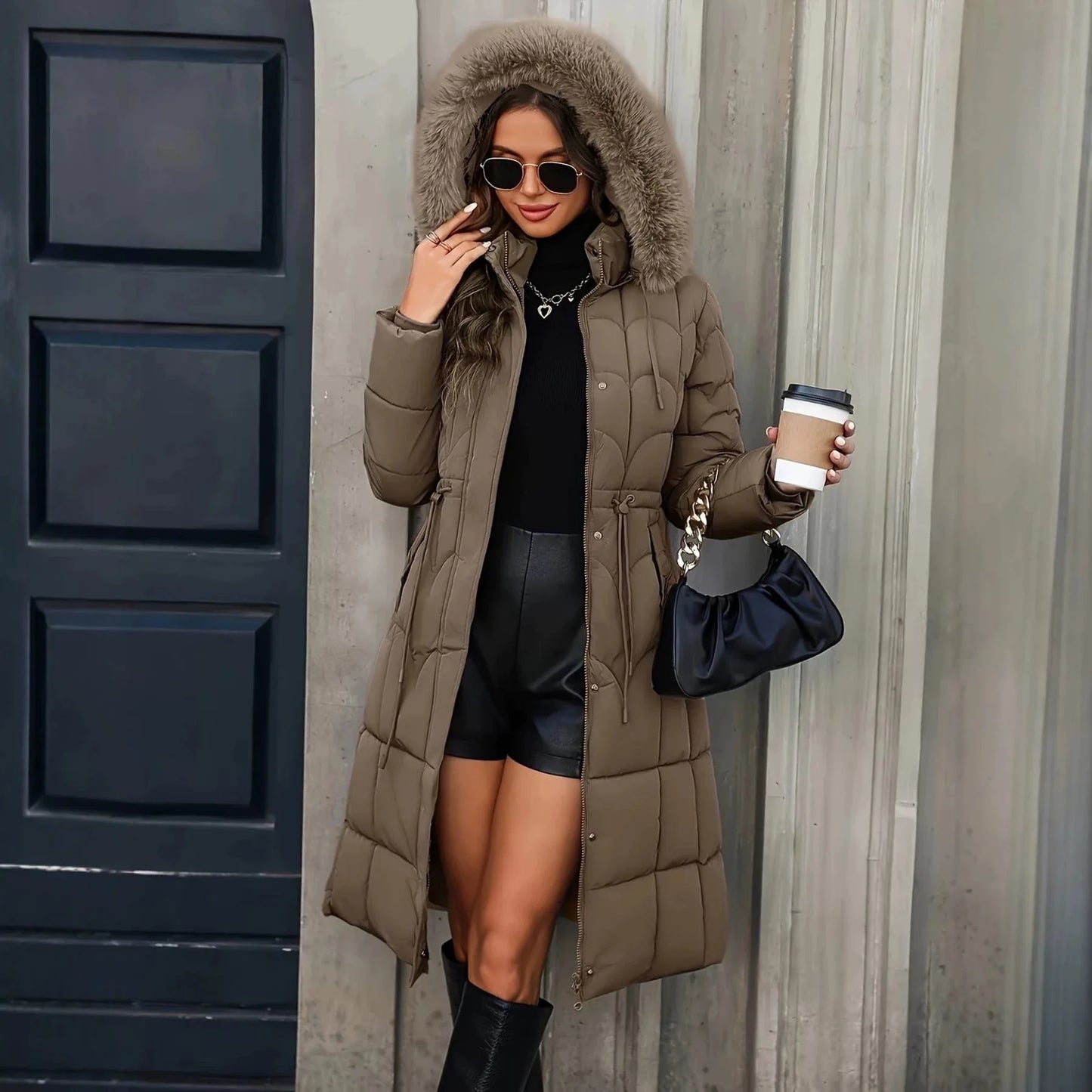NEW Arrivals S-2XL 3 Colors Women Long Cotton Padded Windbreaker Coat Trendy Big Faux Fur Hood Drawstring Waist Thick Warm Winter Outerwear Jackets Women Clothing Supplies