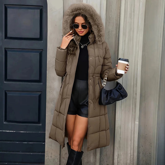 NEW Arrivals S-2XL 3 Colors Women Long Cotton Padded Windbreaker Coat Trendy Big Faux Fur Hood Drawstring Waist Thick Warm Winter Outerwear Jackets Women Clothing Supplies