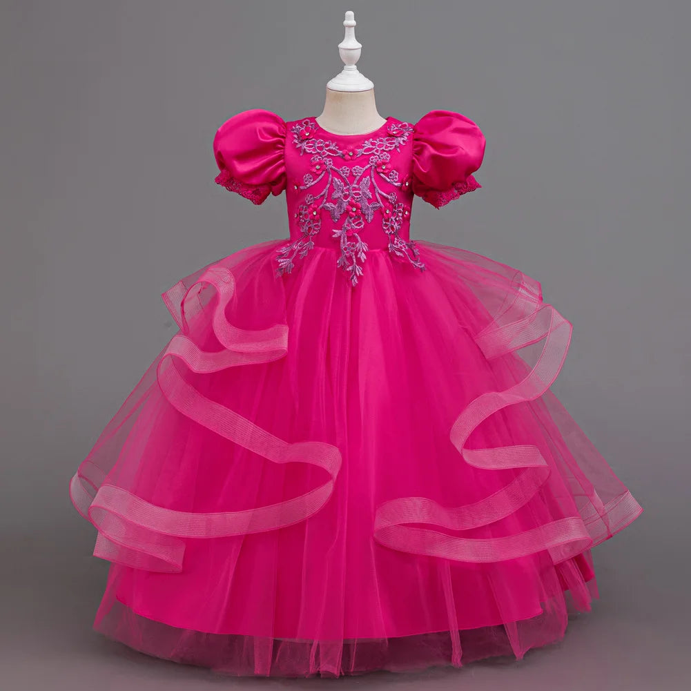 Blue/White/Pink/Red Color Bridesmaid  Girl Flower Dress Princess Evening Birthday Party Ball Gown Puff Sleeve Lace Applique Wedding Prom Party Embroidered Girl Gown Layered Tutu Dress for Girls,