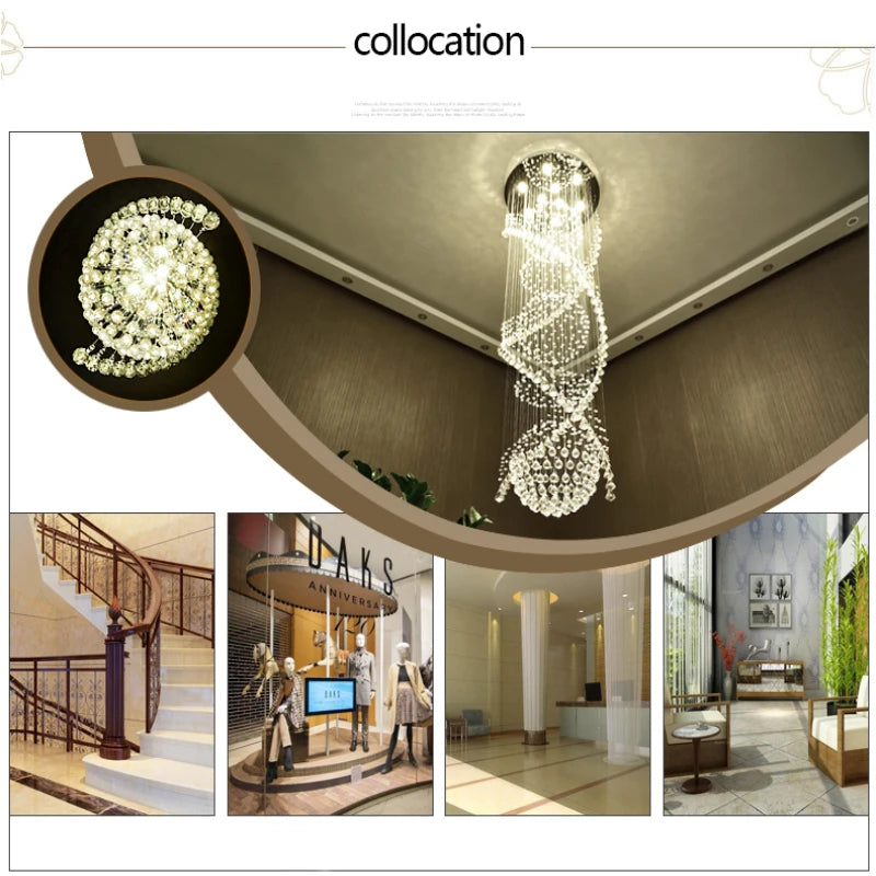 HOT SALE Villa Home Living Room Staircase Luxury K9 Crystal Steel Chrome Double Helix Spiral Chandelier with Rain Drops Diameter 80cm Height 280cm Home Art Decor Lighting Supplies
