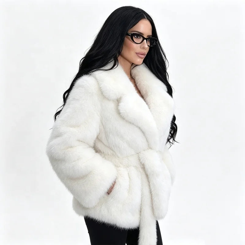 New Arrivals 5 Colors S-XL Women's Artificial Fox Fur Elegant Winter Warm Turn-Down Collar Down Filled Plain Dyed Woven  Plush Coat Outdoor Snow Boots Outerwear Jackets Ladies Winter Clothing Supplies