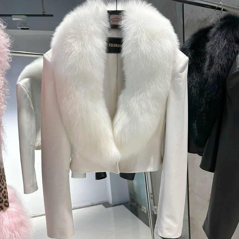 Genuine Sheepskin Real Leather Fox Real Fur Jacket Pure White/Black/Dark Brown/Pink Color Long Sleeve Premium Women Leather Jacket with Natural Fox Fur Collar Autumn Winter Girls Clothes