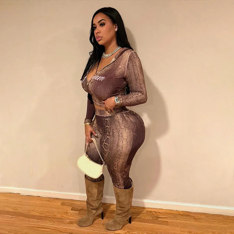 2 PCS Set Autumn Winter New European American Style Women's Sexy Evening Party Night Club Collarless Regular Fit Cardigan Top Midi Snakeskin  Pants & Top Set