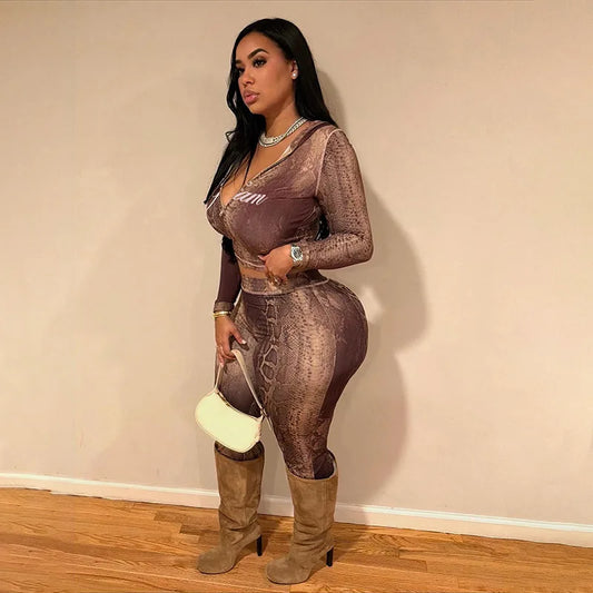 2 PCS Set Autumn Winter New European American Style Women's Sexy Evening Party Night Club Collarless Regular Fit Cardigan Top Midi Snakeskin  Pants & Top Set