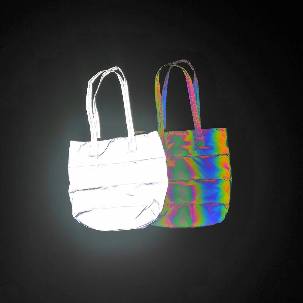 NEW Arrivals High Quality  Colorful Reflective Bag Female Ladies  Fashion One Shoulder Reflective Tote Bag Cotton-Padded Evening Beach Rave Party Purse Night Club  Shopping Women Girls Fashion Clothing Accessories Supplies