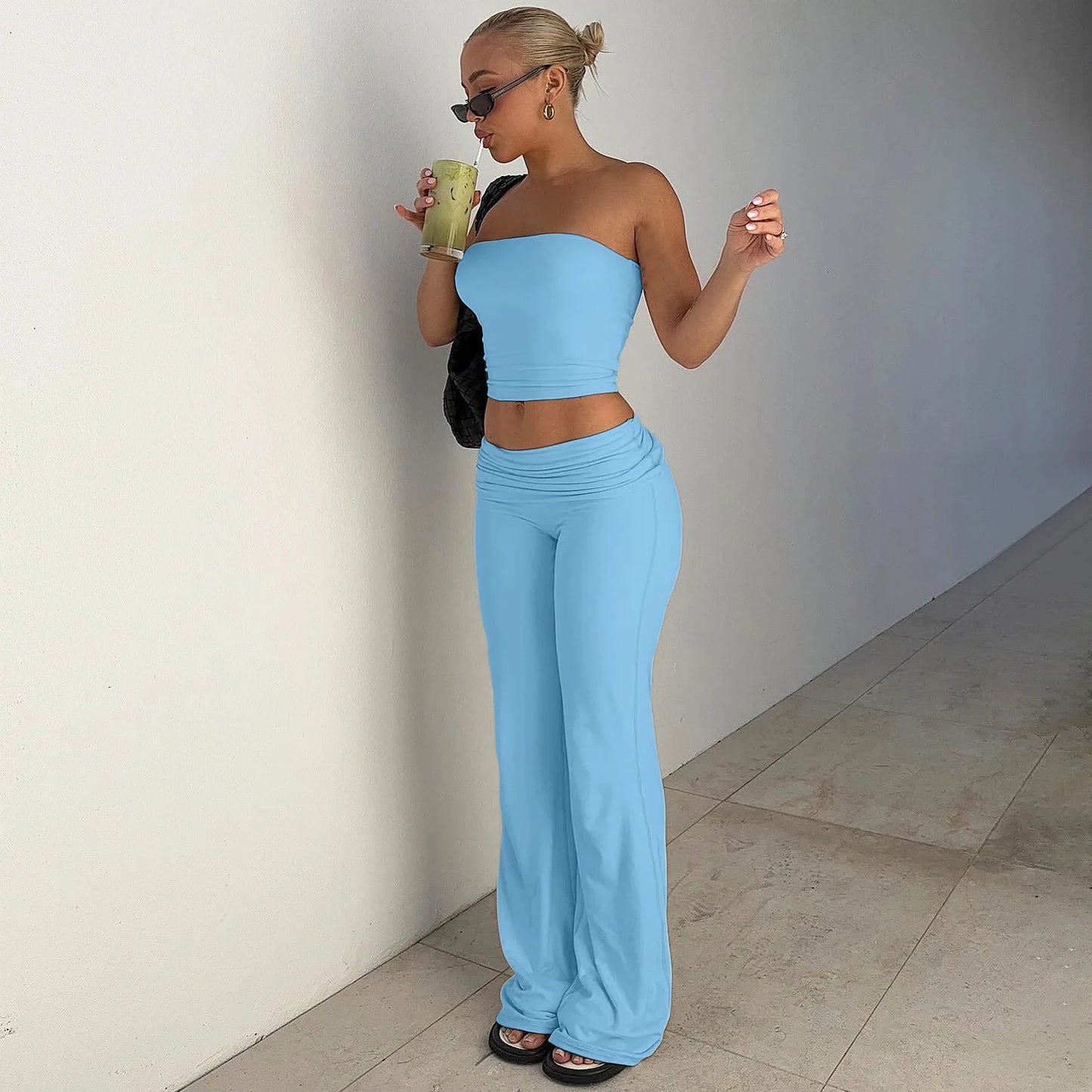 2 PCS Set 5 Colors  Crop Tube Tank Top and Flare Pants Sets Women's Spring Summer Clothing Sweat Suit Set Streetwear Outfit Ladies Casual Clothing Supplies