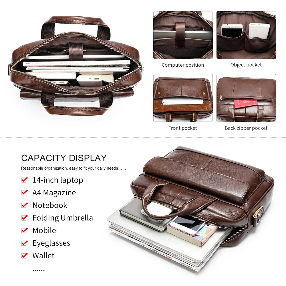 Real Leather Top Quality Vintage Waterproof Genuine Leather Business Office Briefcase Men's 14 Inch Laptop Messenger Bag