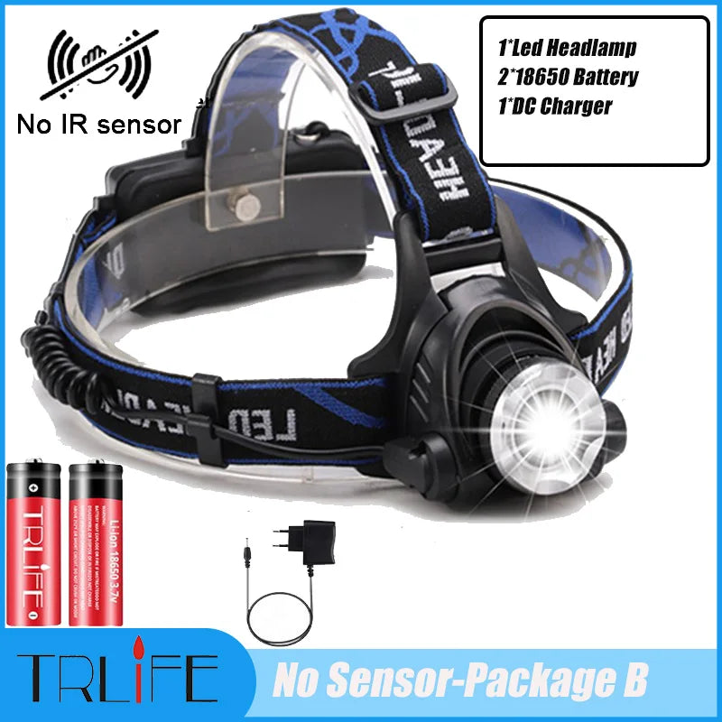 NEW Arrivals Motion Sensor Super 15000LM LED Headlamp T6/L2/V6 Zoomable Head lamp Flashlight Torch Headlight Lantern With LED Bulbs Lithium ION Battery Outdoor Camping Fishing Night Hiking Cycling