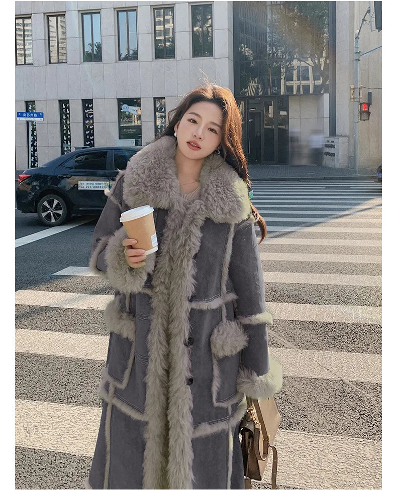 HOT SALE Dark Gray/Purple Color Winter New Women's Top Quality Windbreaker Long Coat  Faux Fur Lined Lamb Wool Puffer Jacket Outerwear Coat Women Winter Clothing Supplies