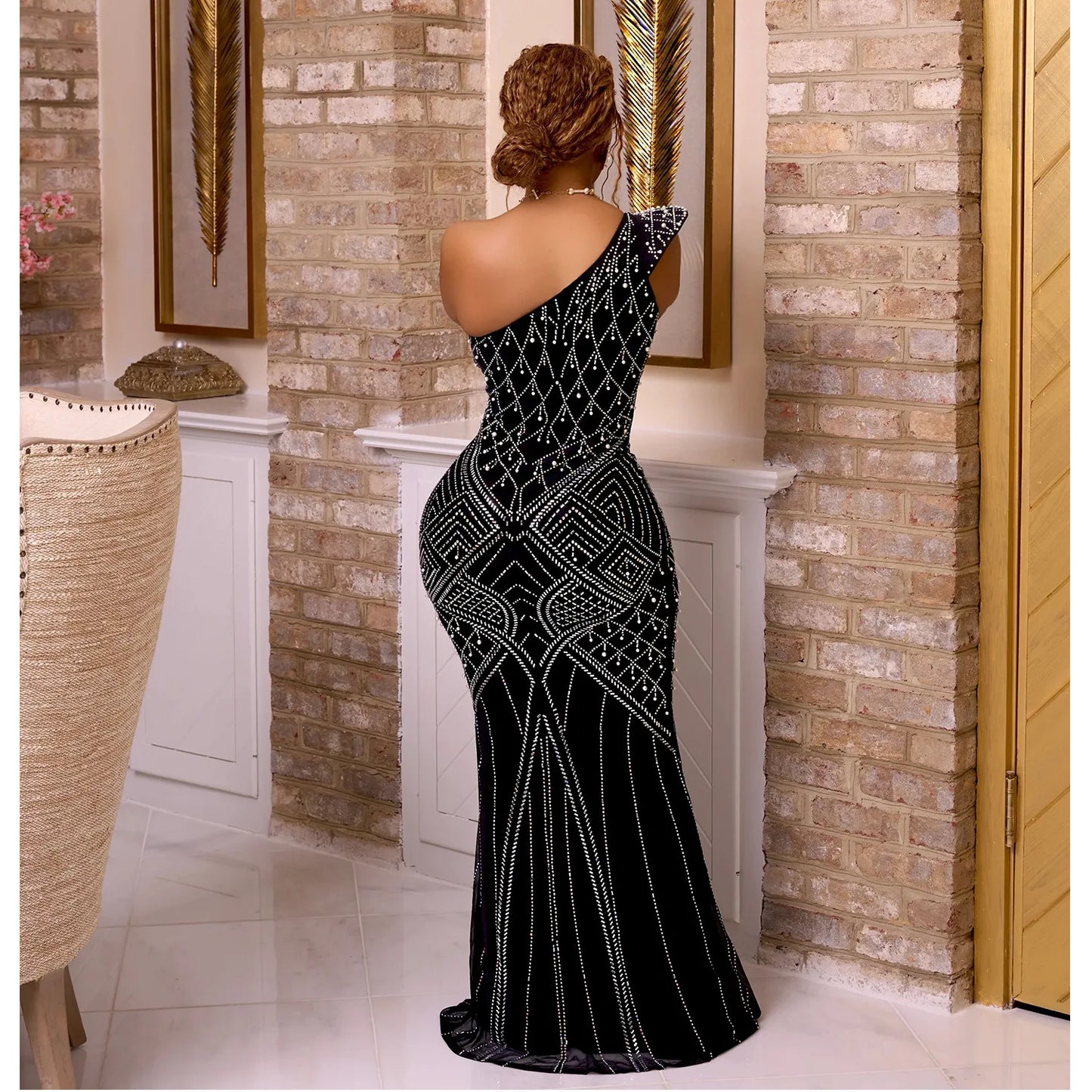 NEW Embellished Sleeveless One Shoulder Dress Straight Ball Gown Elegant Party Maxi Dresses Dresses Women Lady Elegant Gown