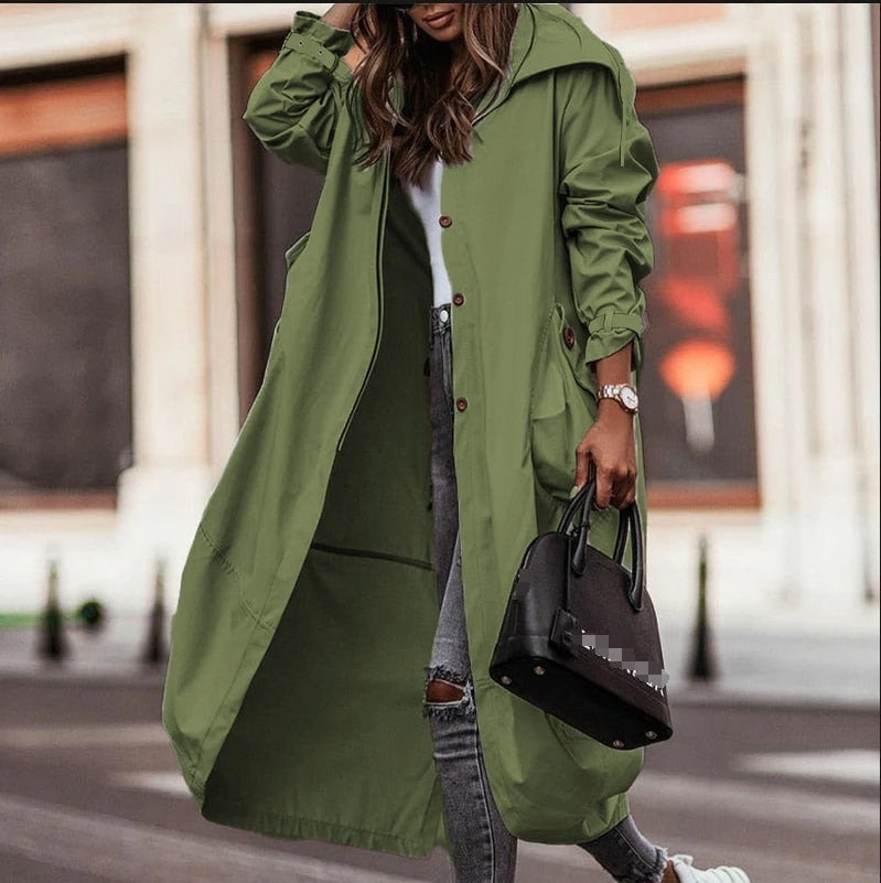 4 Colors S-XL Women's Long Trench Coat Ladies Autumn Jacket Long Sleeve Turn Down Collar Pockets Zipper Up Trench Coats Windbreaker Woman Casual Clothing Supplies