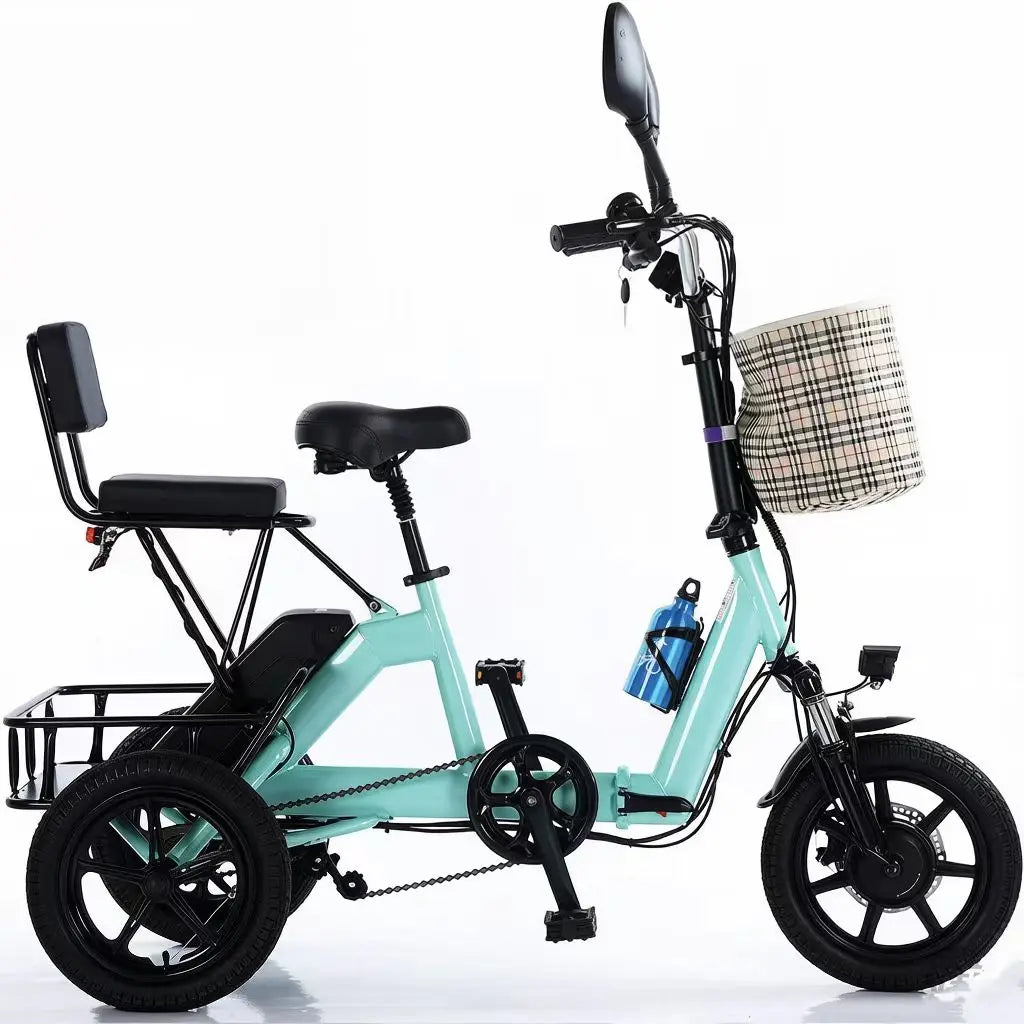 Parents and Child Blue/Yellow Color 14-inch Folding Electric Tricycle Adults Aluminum Frame Brushless Rear Hub Motor 7-Speed Gear Max Speed 25km Basket Lightweight Pedal-Assist