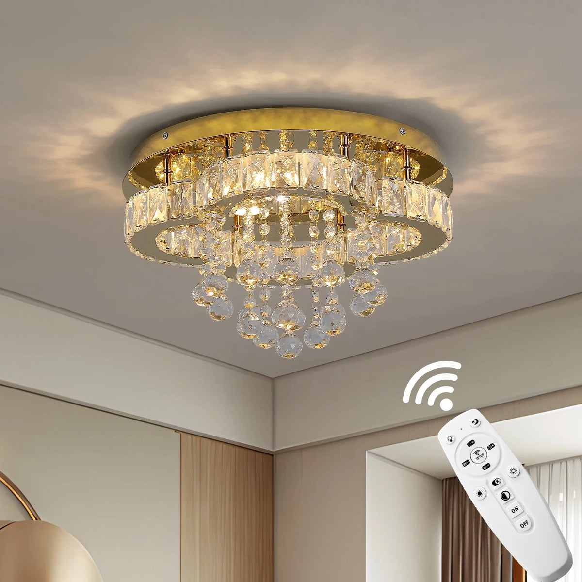 HOT SALE Villa Home Living Room Luxury Crystal Golden Stainless Steel Base LED Dimmable Crystal Ceiling Light Lamp for Apartment Bedroom Chandelier Remote Switch Control Home Lighting Supplies